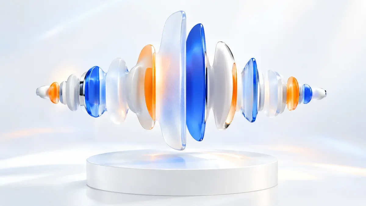 Sculpture géométrique d'ondes vocales en verre dépoli et céramique blanche, métaphore du Voice Cloning IA