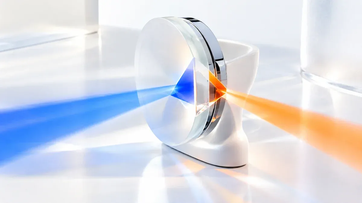 Prisme optique en verre dépoli et céramique blanche filtrant un faisceau de lumière en reflets cobalt et orange dans un studio daylight