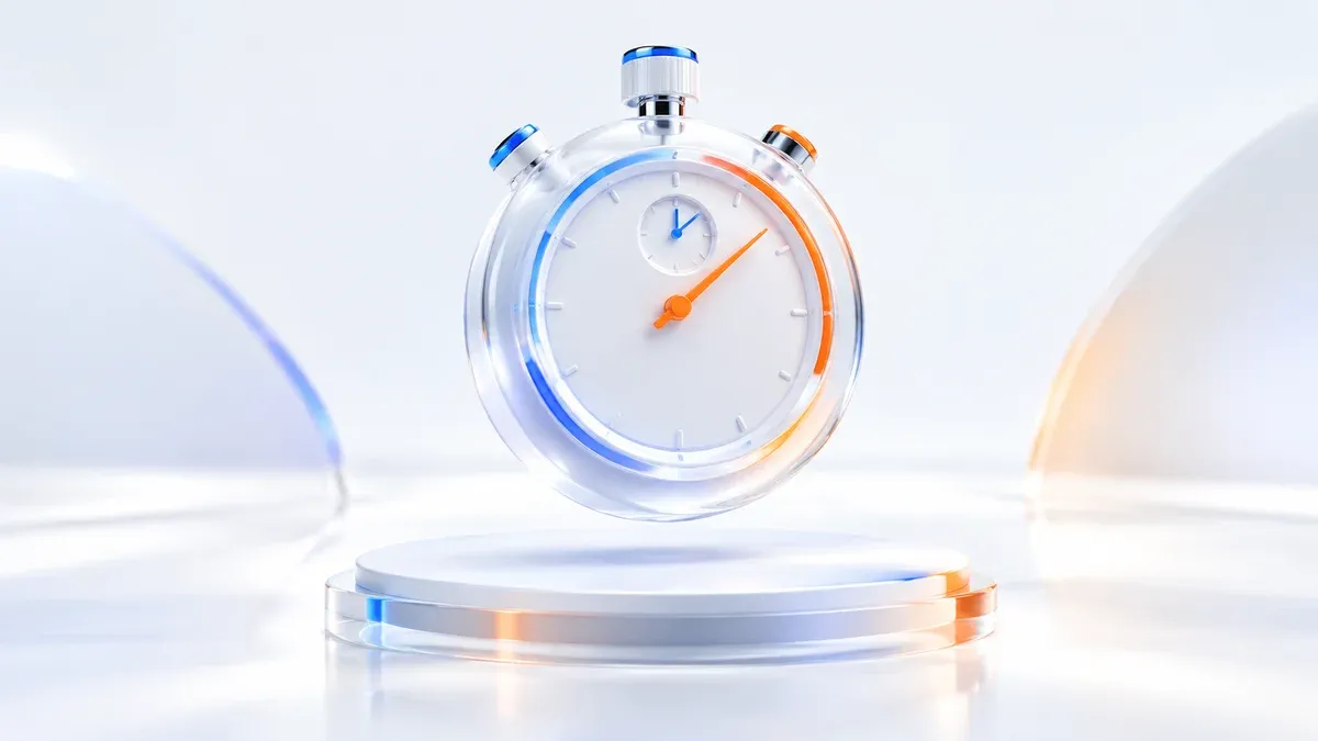 Chronomètre minimaliste en céramique blanche et verre translucide illuminé de reflets cobalt et orange studio daylight