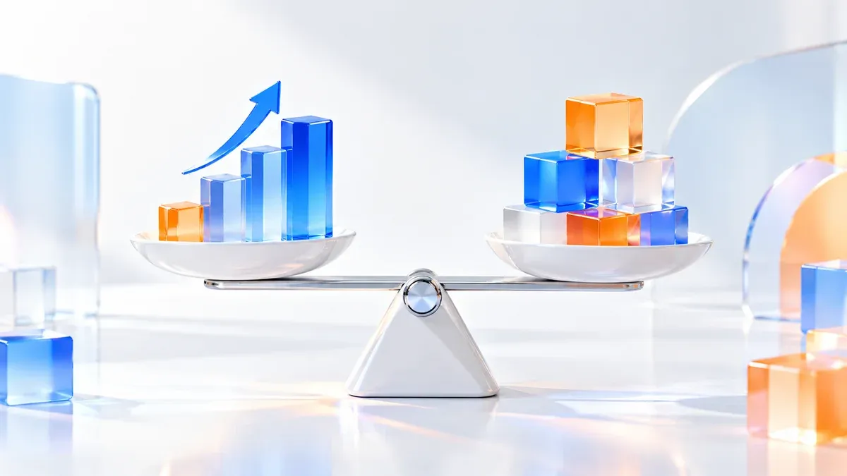 Balance analytique lumineuse et cubes géométriques en verre dépoli et céramique blanche illustrant la mesure financière équilibrée en studio daylight