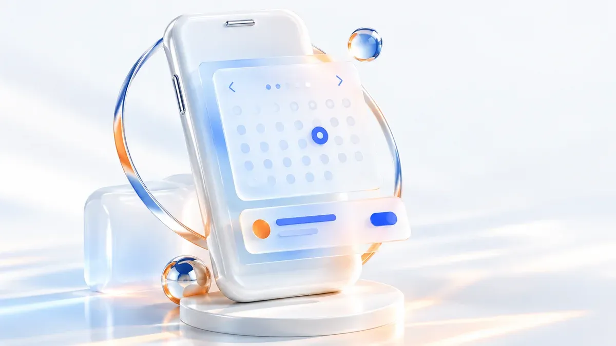 Smartphone sculpté en céramique blanche et verre translucide affichant une carte d'agenda moderne dans un studio daylight