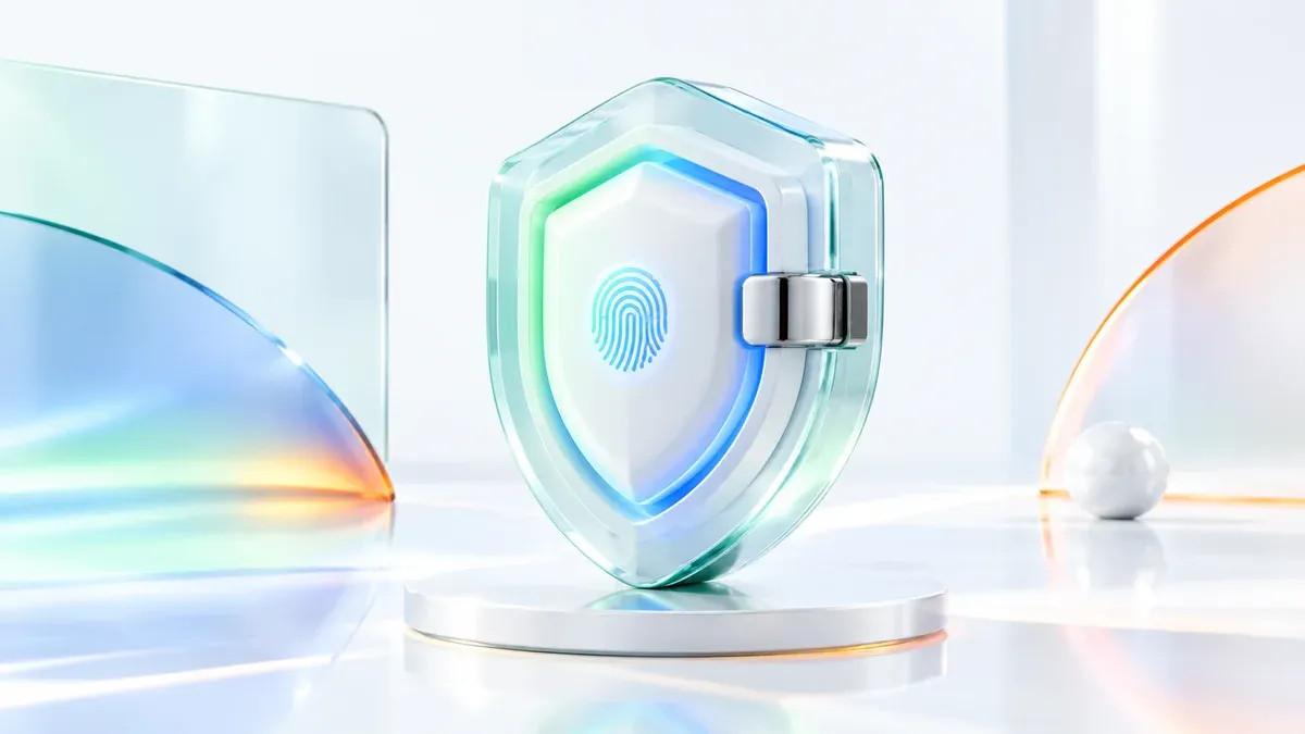 Bouclier biométrique en verre dépoli et céramique blanche avec accents émeraude, symbole de sécurité LinkedIn