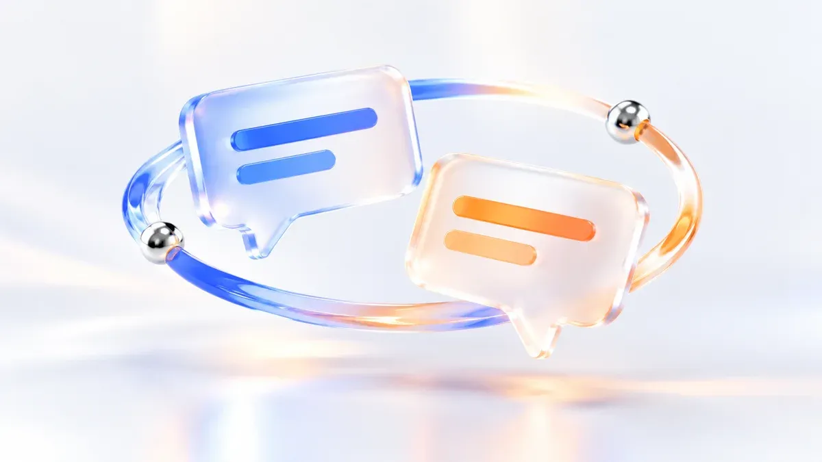 Deux cartes de discussion flottantes en verre dépoli et céramique blanche se rejoignant en douceur dans un studio daylight aux reflets cobalt et orange