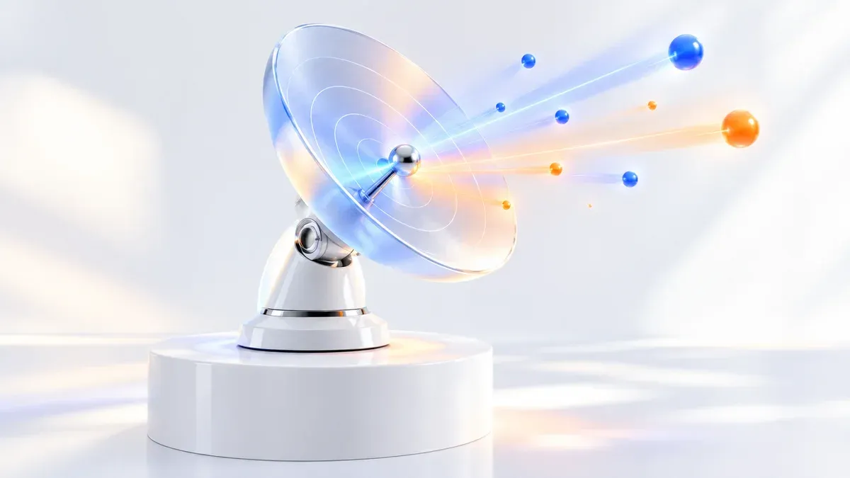 Antenne radar en verre dépoli captant des signaux d'intention d'achat B2B sur fond clair studio