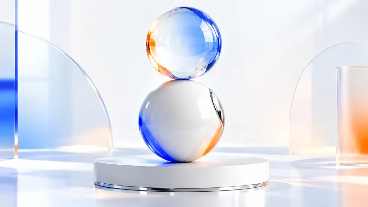 Deux sphères de céramique blanche et de verre translucide en équilibre délicat avec reflets bleu cobalt et orange mandarine en studio daylight